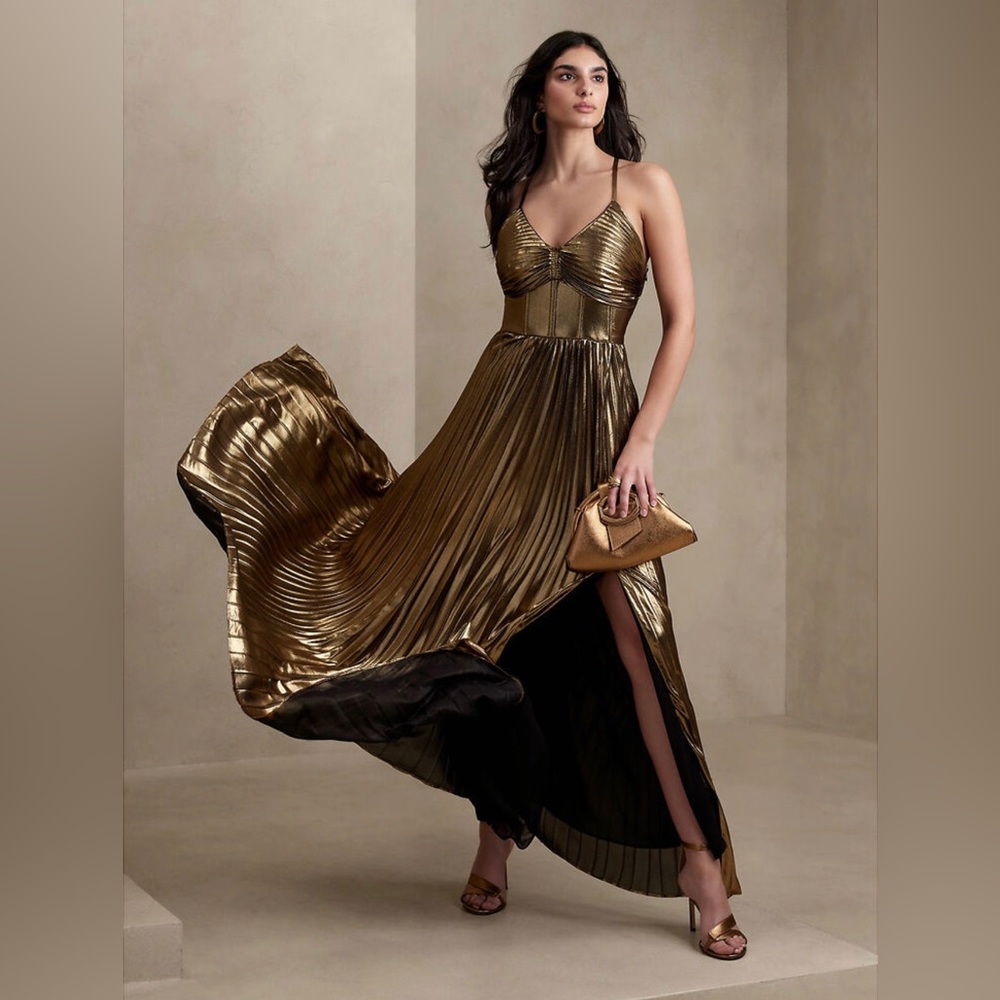 Raggiera Pleated Metallic Gold Dress *NEVER warn*